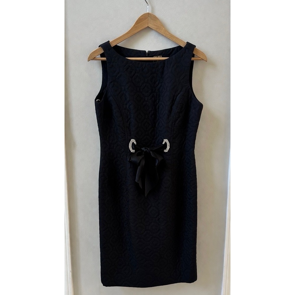 Taylor Black Matelasse Sheath Dress Rhinestone Bow Accent Wool Blend Size 8
